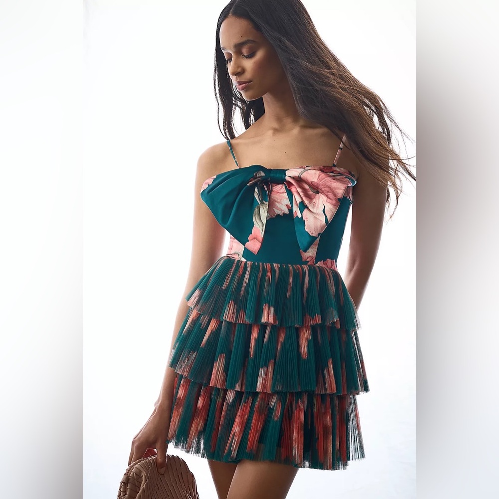 Hutch Teal and Pink Floral Layered Mini Dress